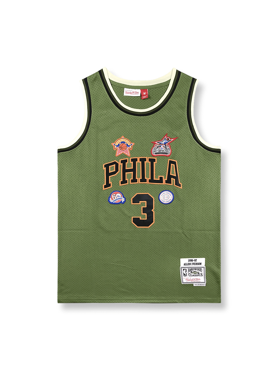 製品画像: 1996/97シーズン フィラデルフィア・76ers アレン・アイバーソン3番 バッジ刺繍特別版ジャージの全体展示図