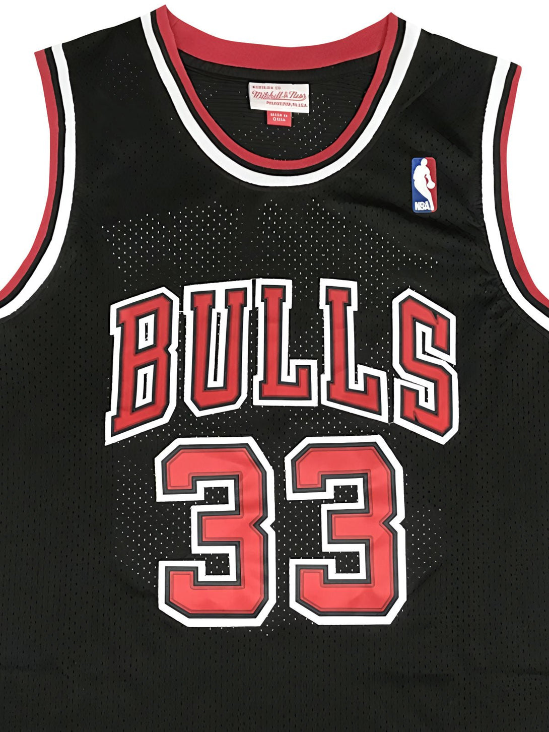 詳細画像: ピッペン33番ユニフォームの高密度刺繍と「BULLS」ロゴのディテール