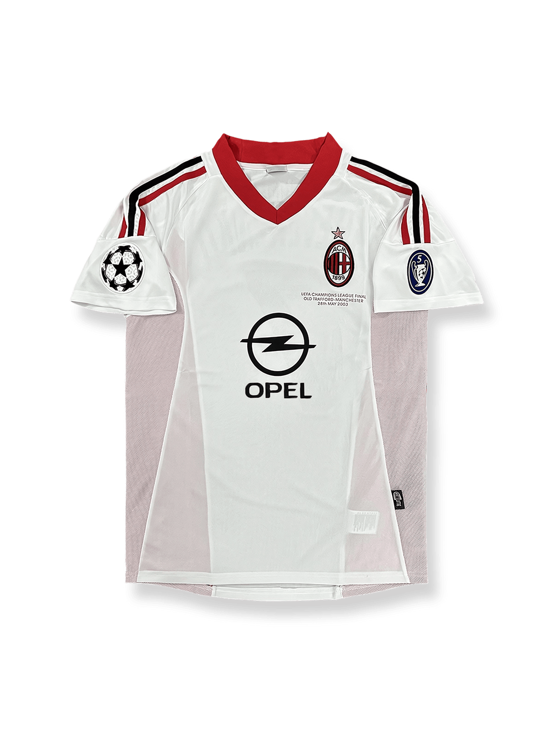 製品画像：2002/03シーズンのACミラン UEFAチャンピオンズリーグ版ユニフォーム全体の展示