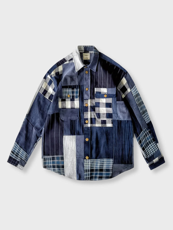 Indigo dyed fabric combination long sleeve shirt