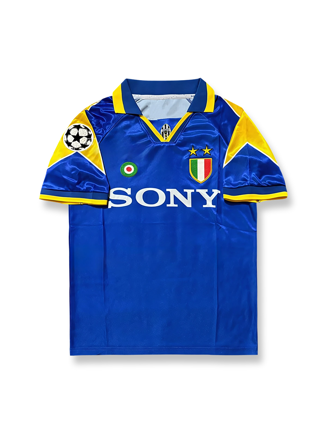 製品画像: 1995-1996シーズン ユヴェントス UEFAチャンピオンズリーグ決勝 アウェイユニフォーム ピエロ10番 正面、ブルーデザイン、クラシック ユヴェントス サッカーシャツ

詳細画像: 背面のピエロ10番 白色フォント ディテール、ユヴェントス アウェイ ユニフォーム、1995-1996シーズン