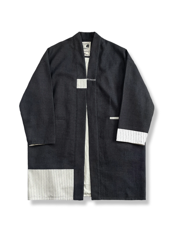 Wool blend sashiko patchwork trench coat