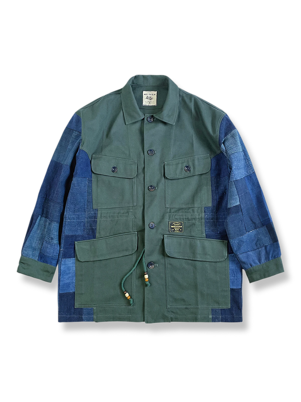 Indigo-dyed patchwork military-style jacket