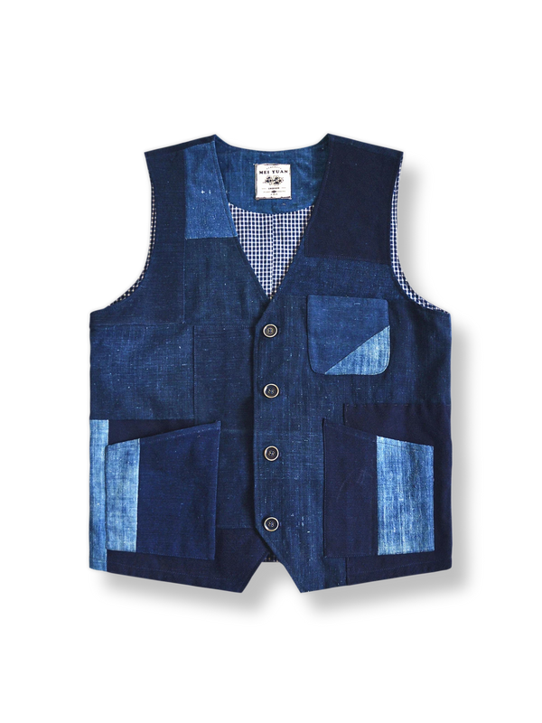 Indigo dyed sashiko patchwork vest