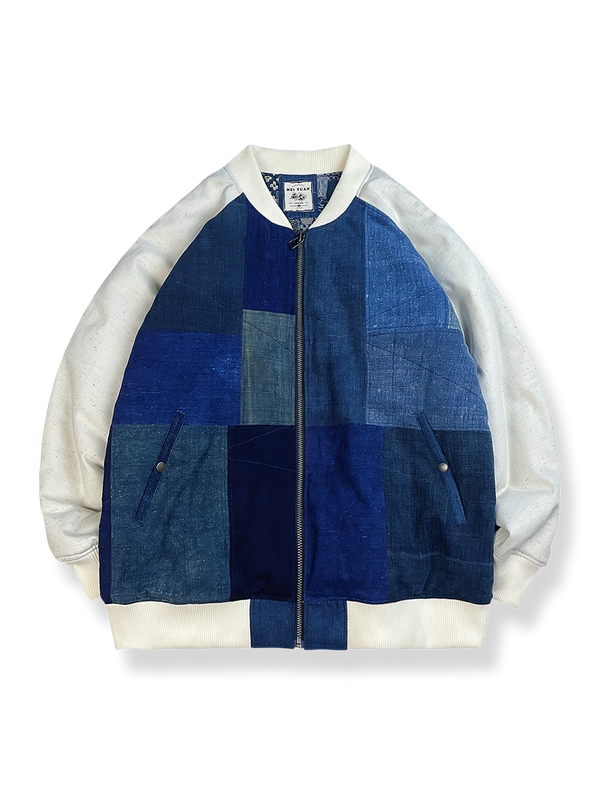 Indigo-dyed patchwork baseball jacket