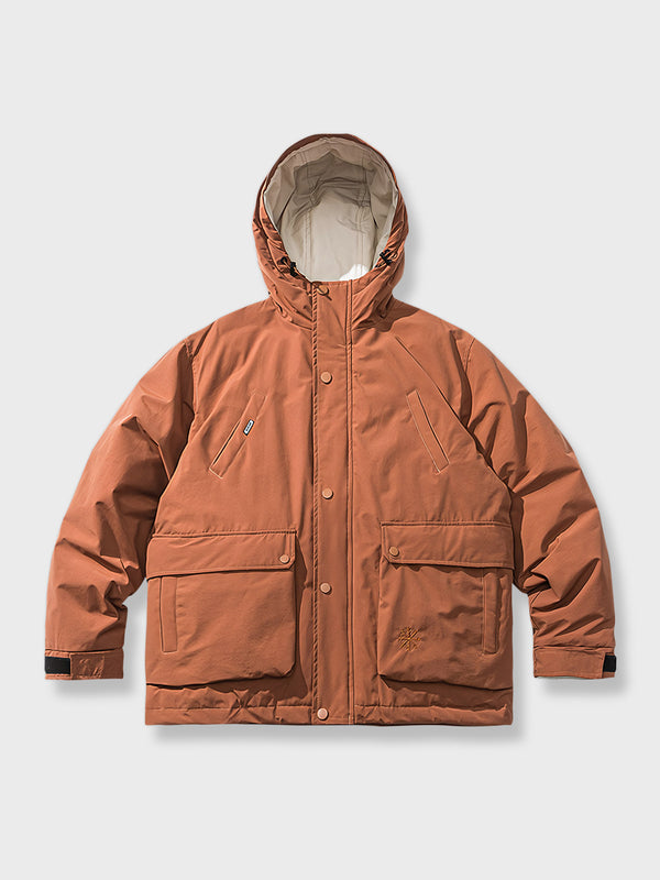 Down jacket with 3D pockets and hood