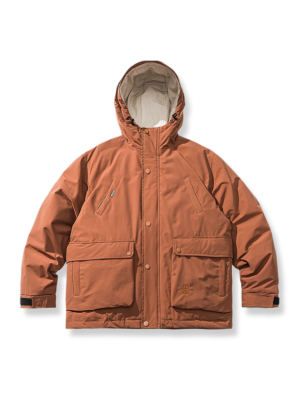 Down jacket with 3D pockets and hood