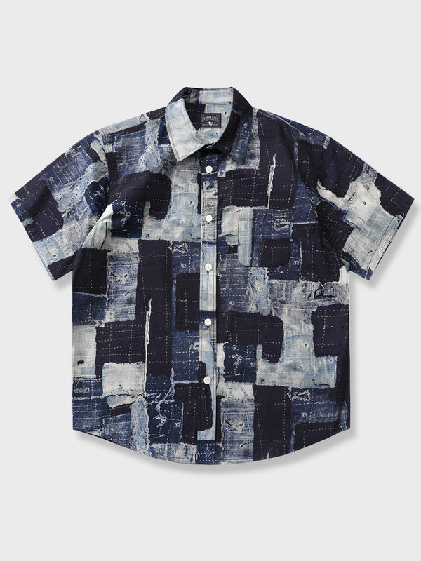 Tattered check work shirt with sashiko stitching