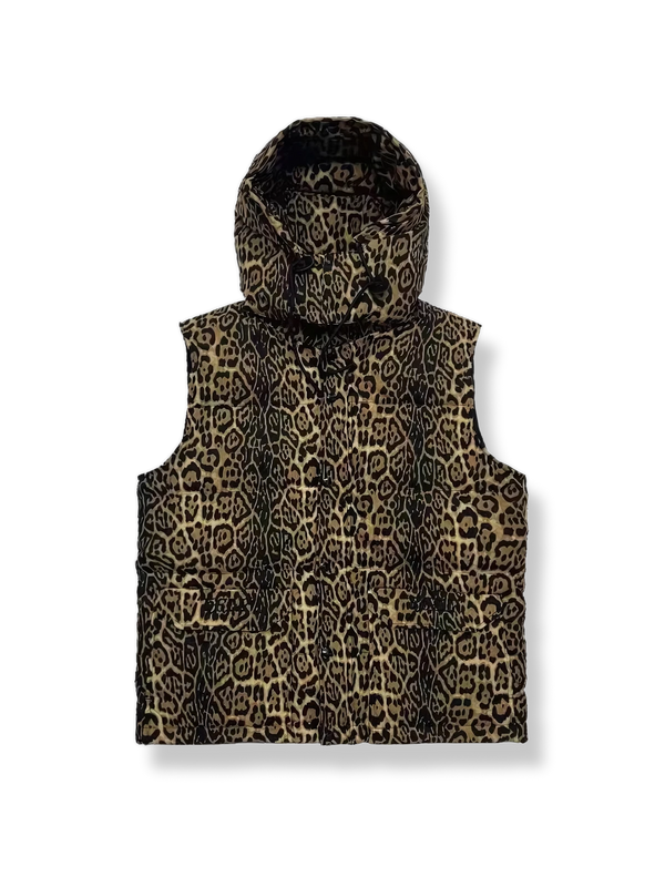 Leopard print hooded down vest