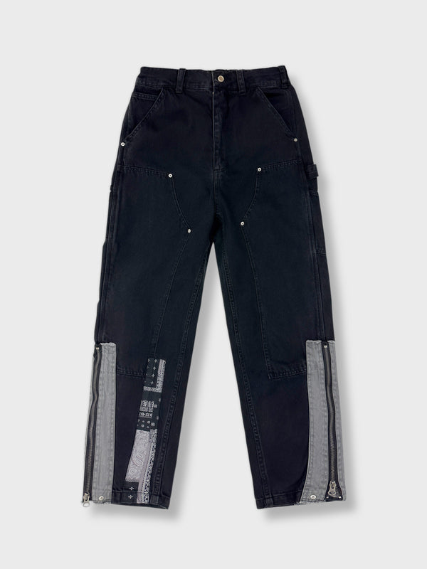 Combination denim pants with zip at hem