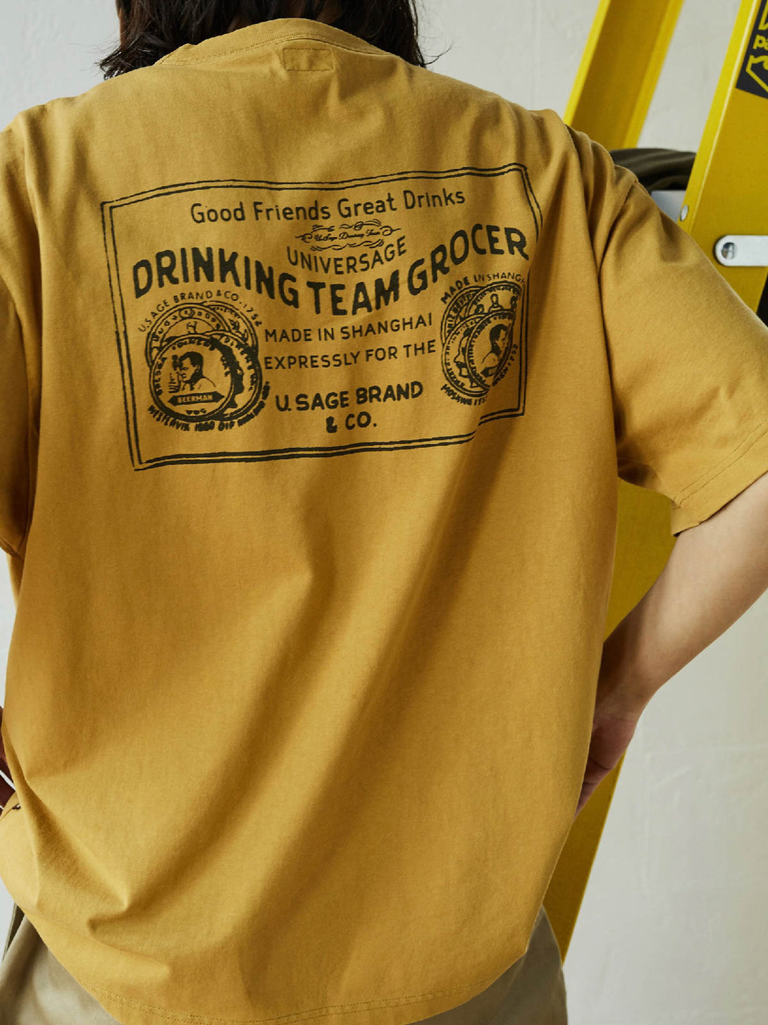 定番DRINKING TEAMシリーズプリントヴィンテージオーダーTシャツ細部図