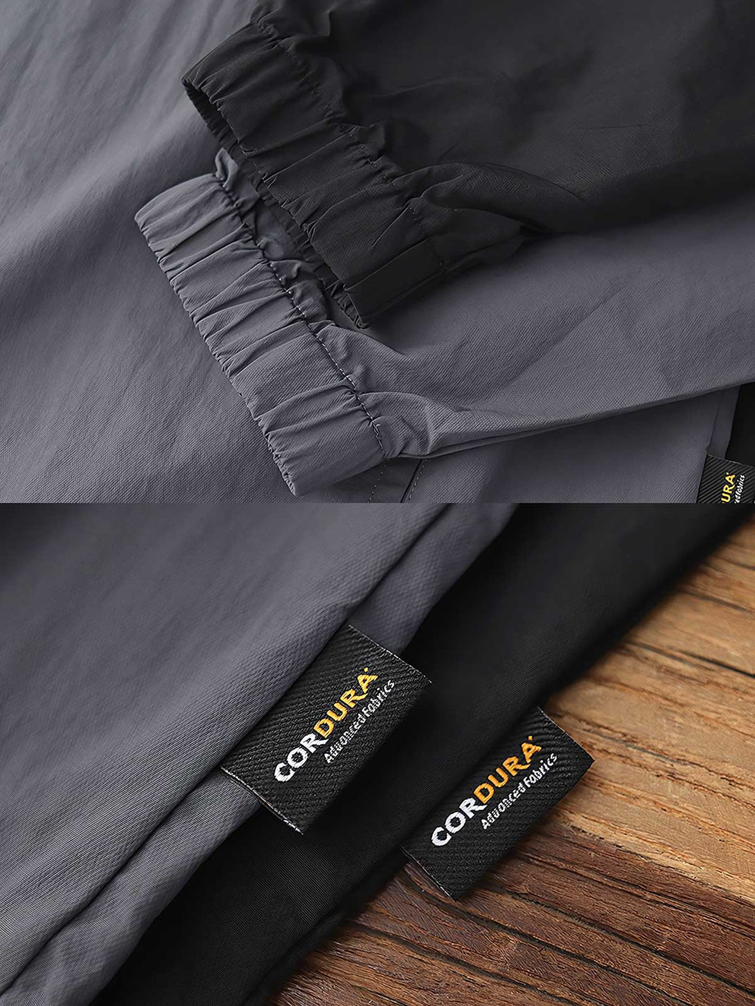 製品画像: 軽量 Cordura ナイロン 速乾トップ 正面、耐摩耗性・リップストップ機能
詳細画像: 両サイドの大容量ポケットと伸縮性のある袖口のディテール、オーバーサイズシルエット