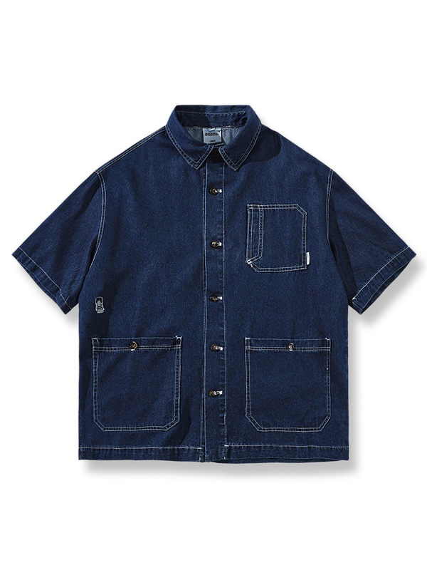 Multi-pocket embroidered denim shirt