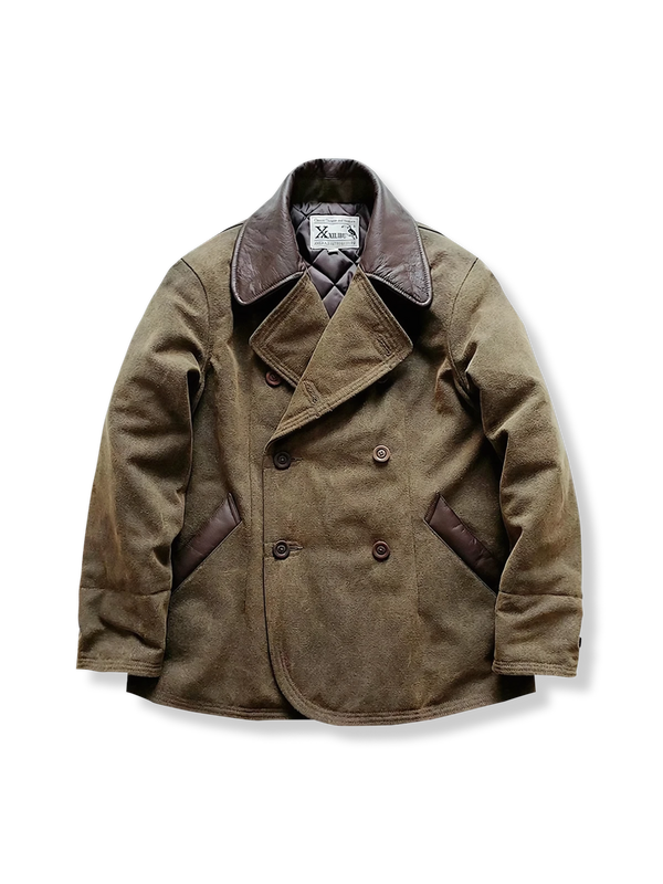 Heavyweight cotton x leather double-breasted padded jacket