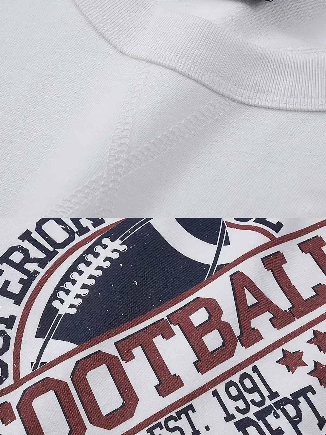 胸元に「SUPERIOR LEAGUE FOOTBALL」と創立年がプリントされたラグビーテーマのTシャツのクローズアップ。