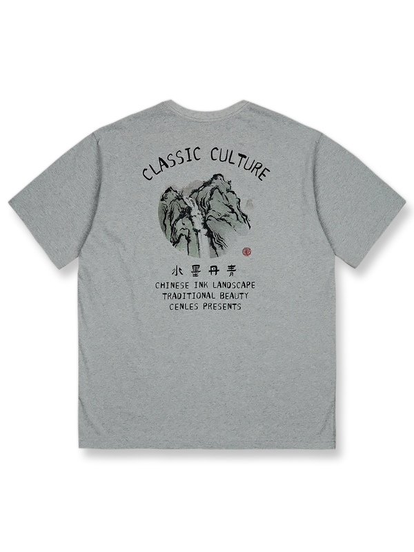 水墨画スタイル『水墨丹青』プリント半袖Tシャツ