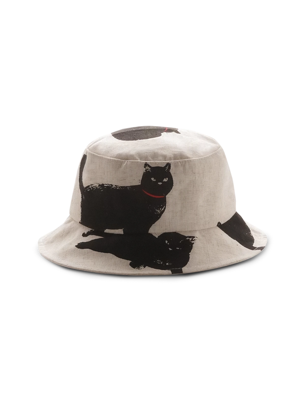 Cute cat print cotton linen blend bucket hat