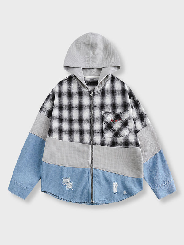 Patchwork hooded check shirt