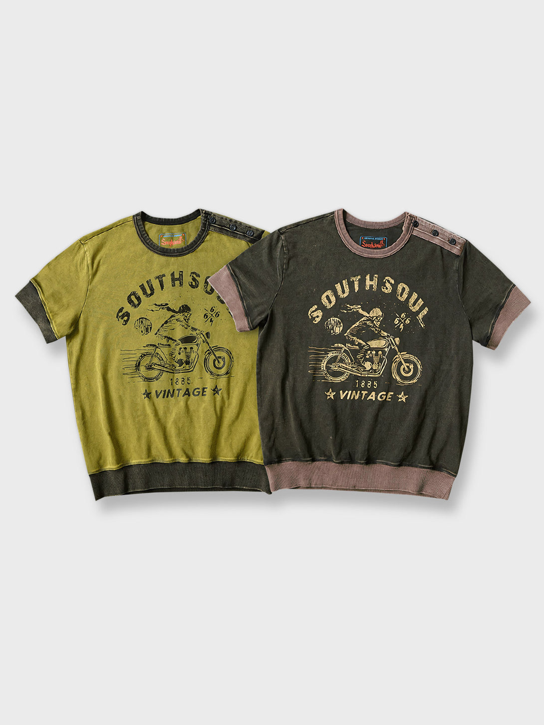 1885年のクラシックなモーターサイクルライダーを描いた厚手の純綿Tシャツ。