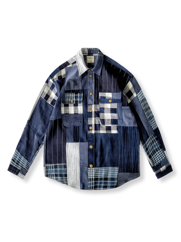 Indigo dyed fabric combination long sleeve shirt