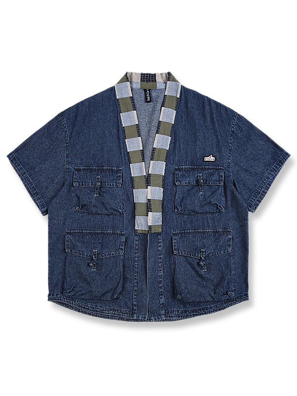 Multi-pocket denim hanten-style short-sleeved jacket