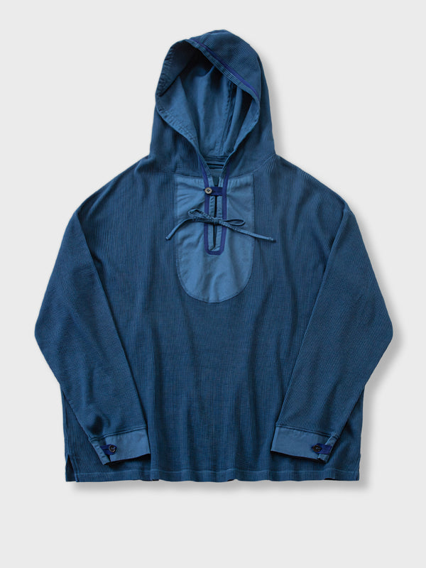 Indigo dyed waffle drop shoulder hoodie