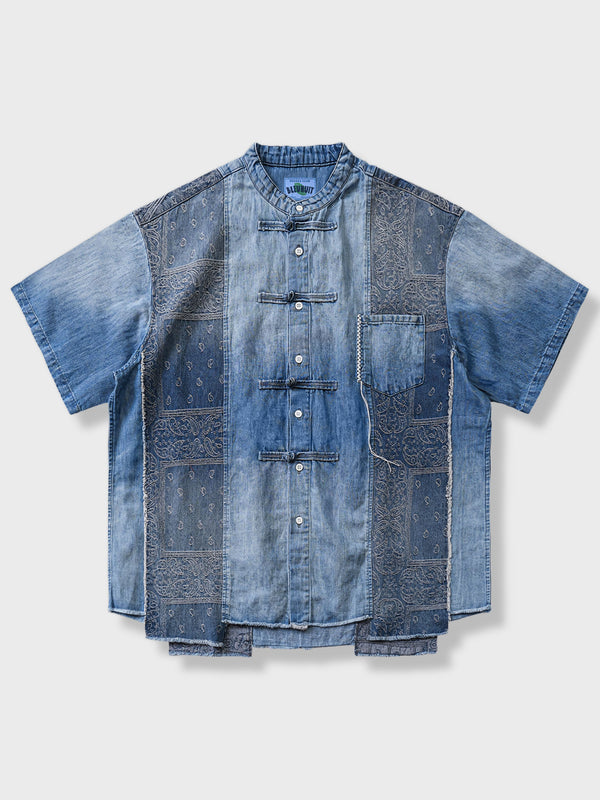 Paisley pattern denim Chinese style short sleeve shirt