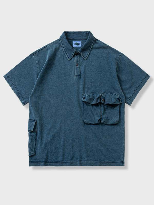 Indigo dyed multi-pocket polo shirt