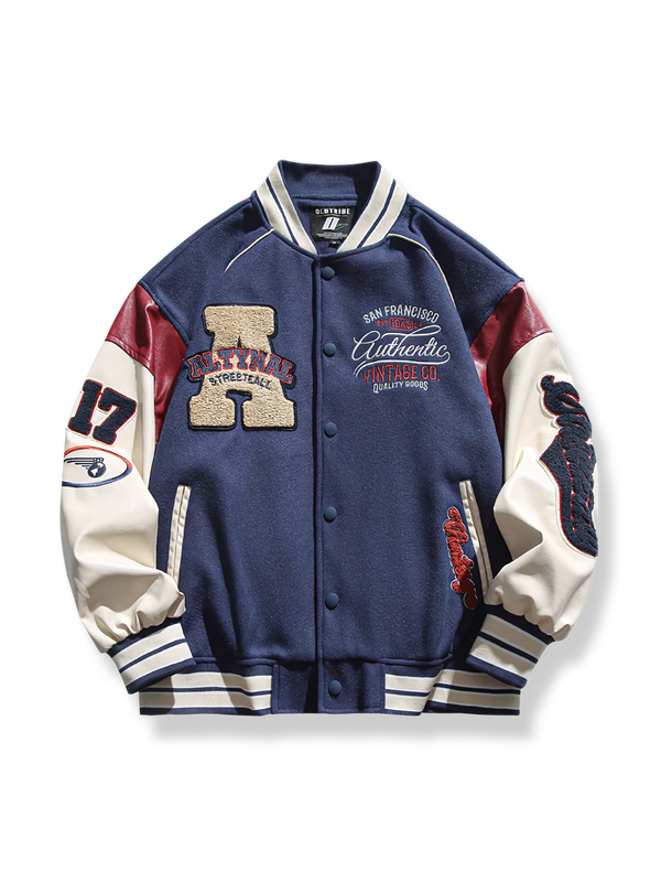 PARDON | 3-color patchwork x embroidered baseball jacket