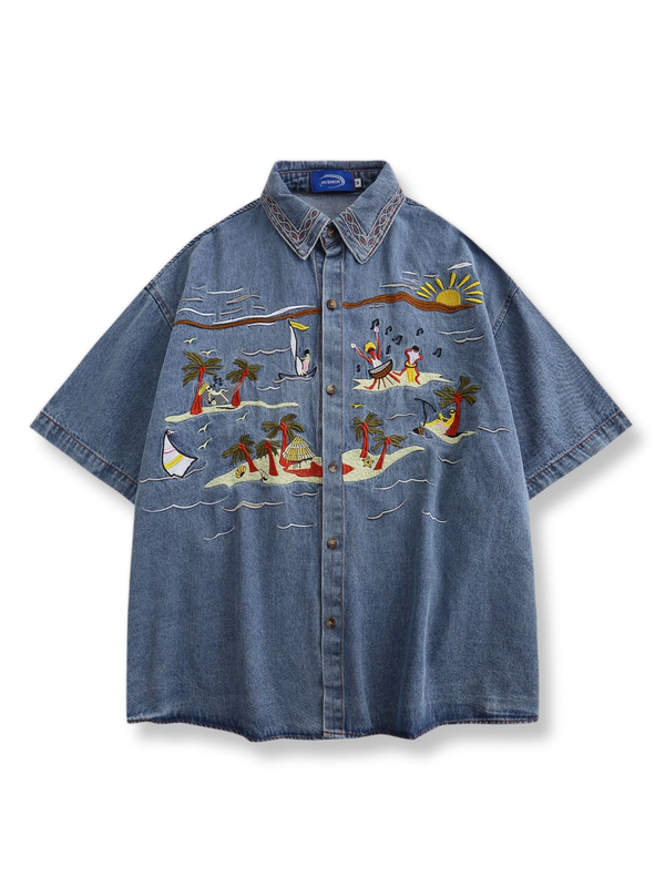 Embroidered seascape design denim short sleeve shirt