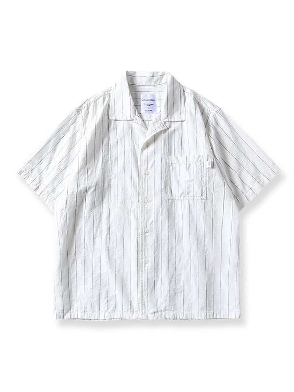 Striped jacquard linen Cuban collar short sleeve shirt