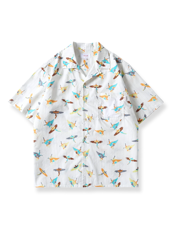 Indian Thunderbird pattern Cuban collar short sleeve shirt