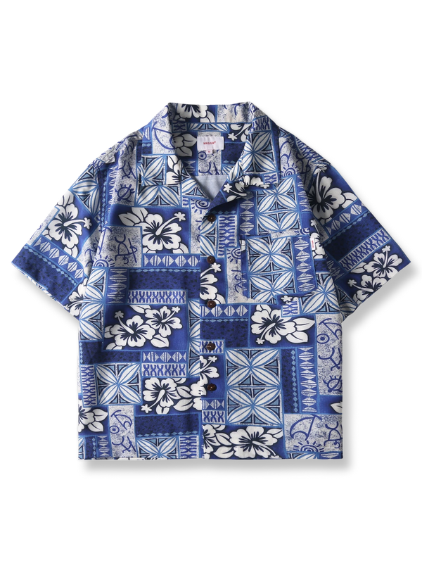 Blue and white floral print Hawaiian shirt