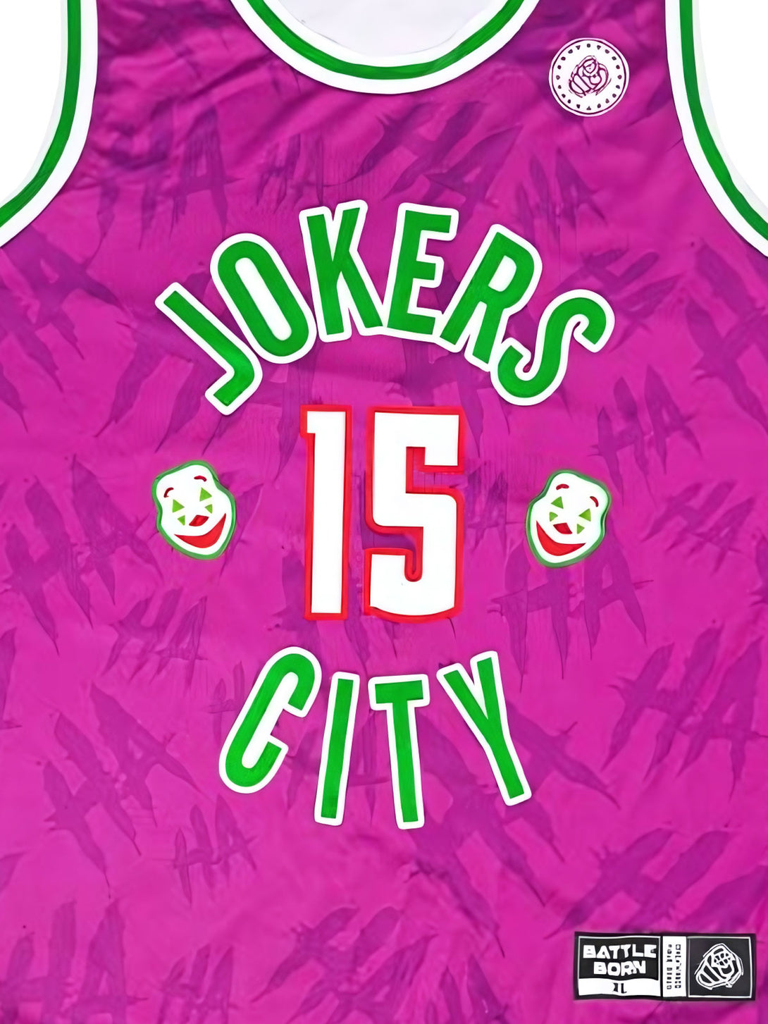 : 15番ジョーカー図案と「JOKERS CITY」の文字の詳細、昇華転写プリント技術の展示