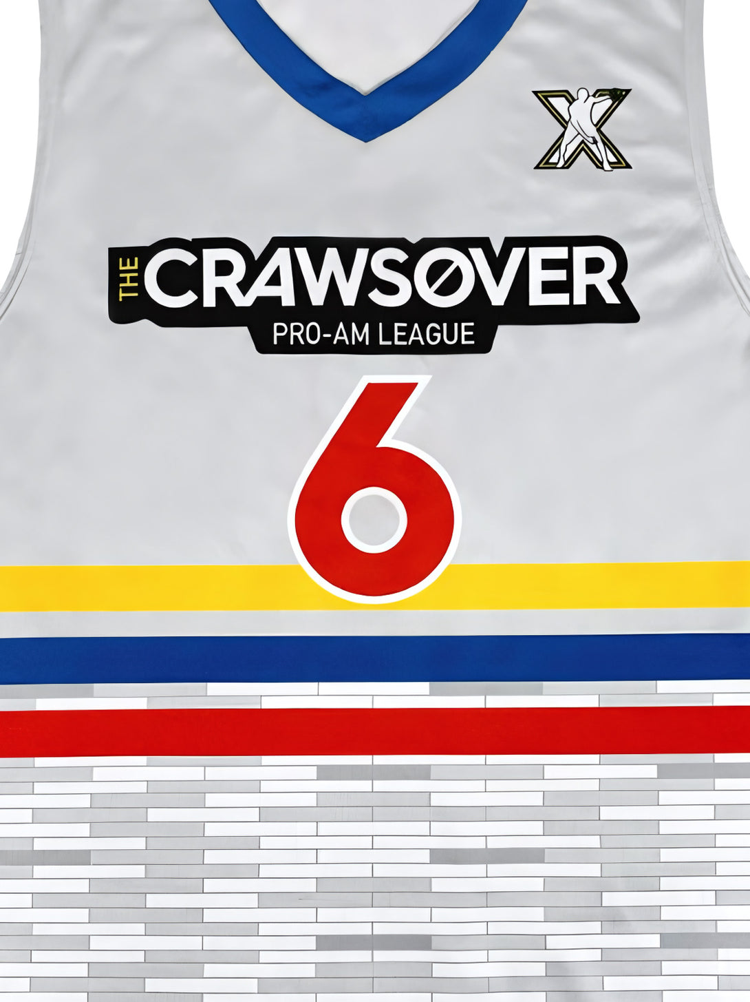  赤い数字「6」と「The Crawsover Pro-Am League」の文字の詳細、モザイクパターンとストライプデザイン