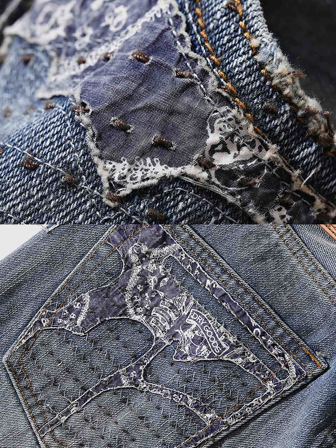 デニムパンツのBoro刺繍と膝の破れデザインのクローズアップ