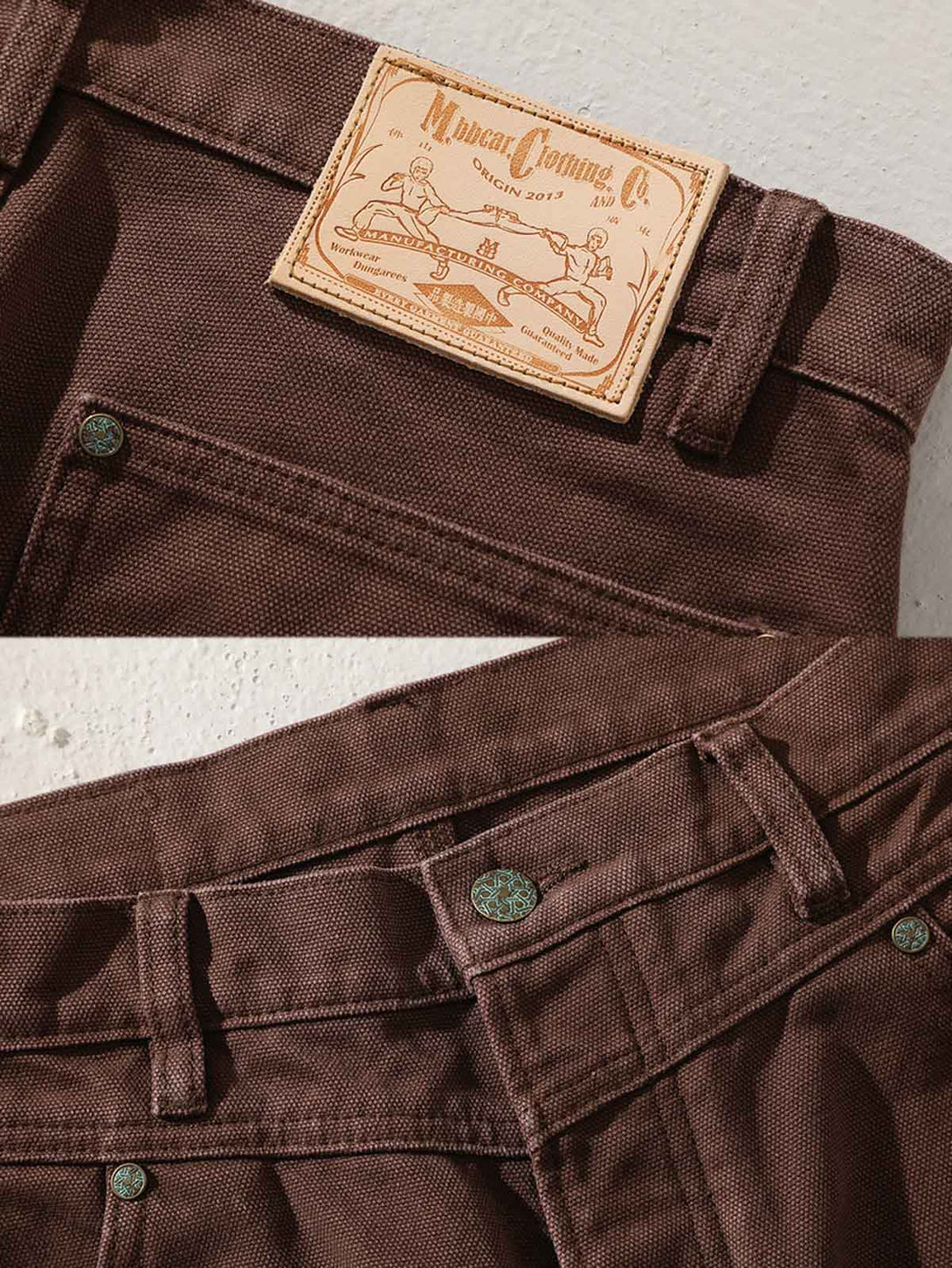 製品画像: 16OZ両膝刺繍ヴィンテージ加工ハイウエストワイドレッグワークパンツの平置き写真
詳細画像: 刺繍と膝当てデザインのディテール
