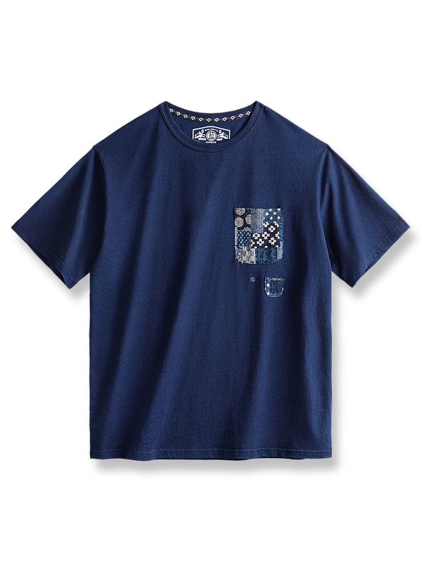 植物染め古布パッチワークポケットTシャツ正面図