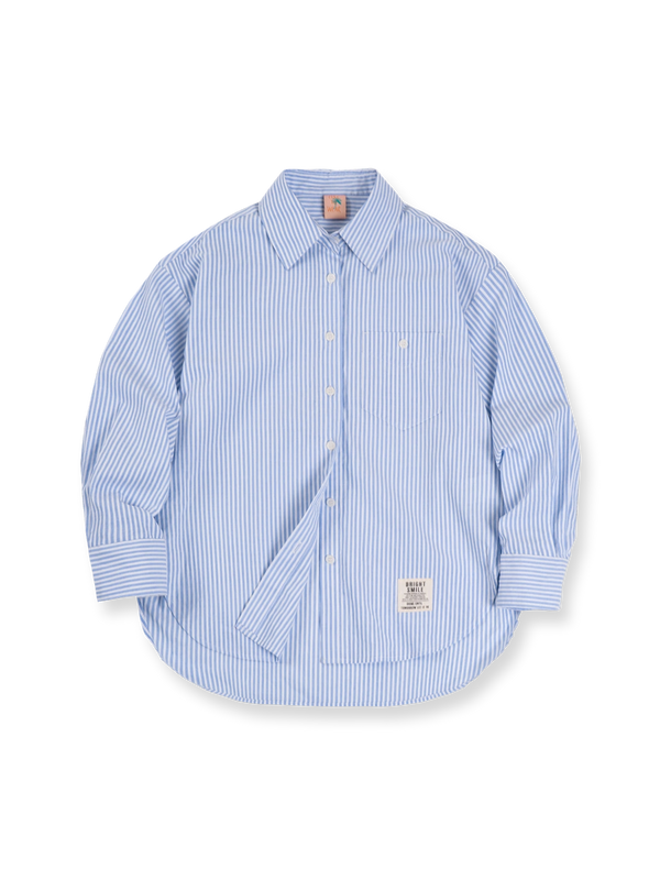 French style blue and white striped cotton linen long sleeve shirt