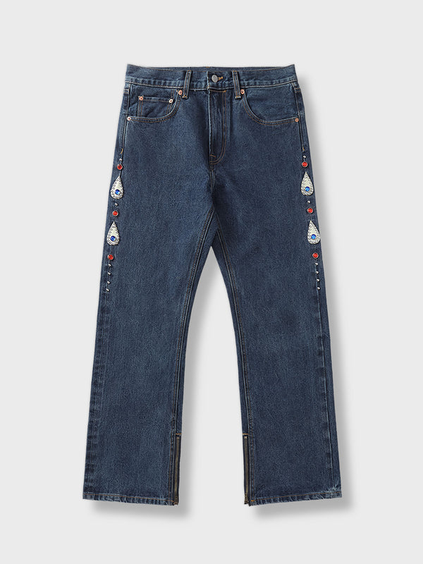 Retro riveted diamond embellished selvedge flared denim pants