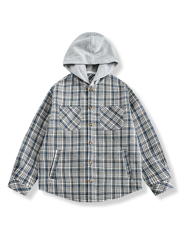 Checked long sleeve hooded shirt