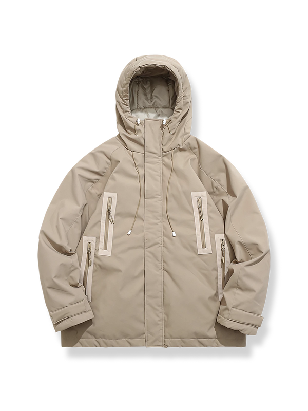 Down jacket with drawstring and zip pockets