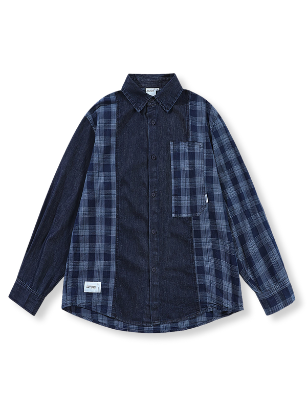 Denim and checkered patchwork long sleeve shirt