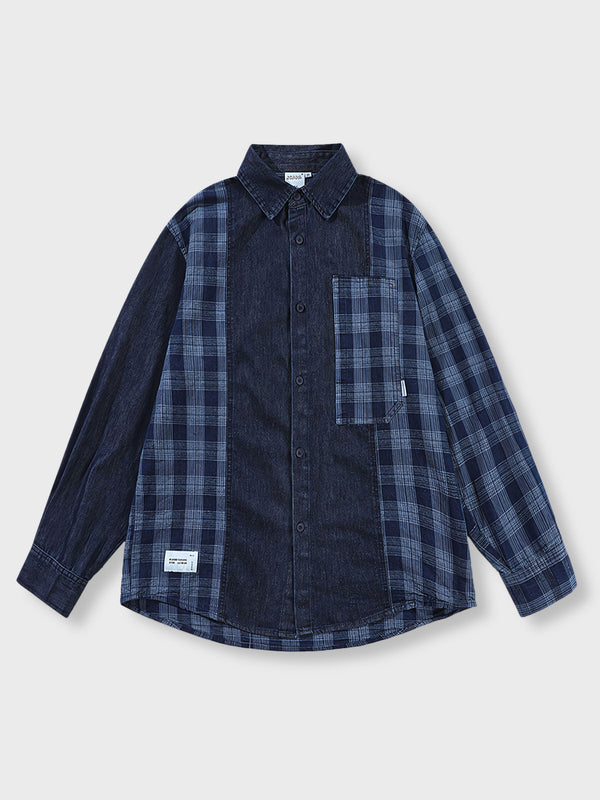 Denim and checkered patchwork long sleeve shirt