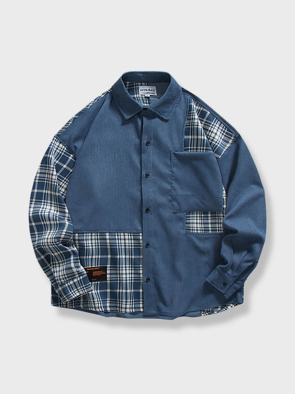 Patchwork check cotton long sleeve shirt