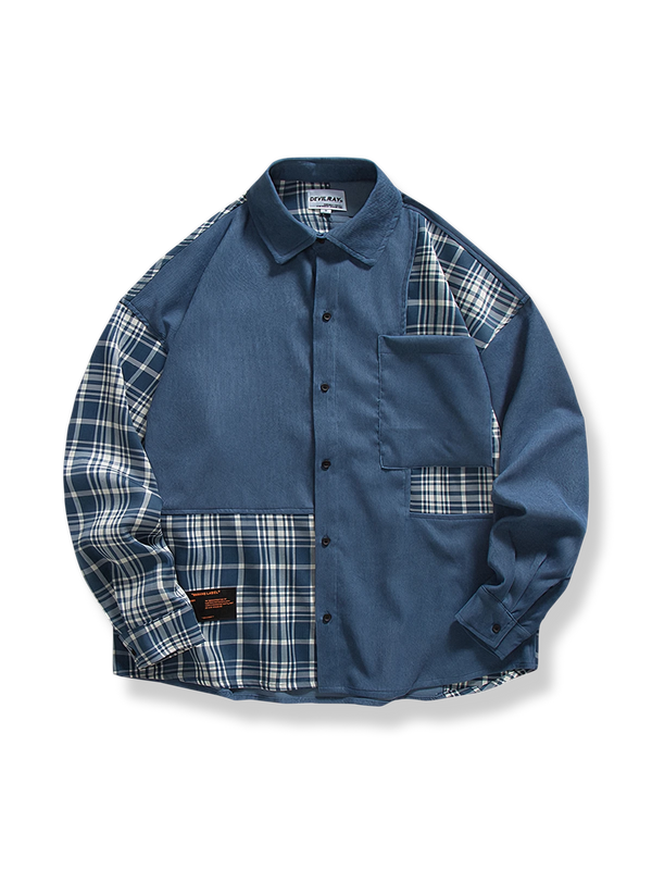 Patchwork check cotton long sleeve shirt