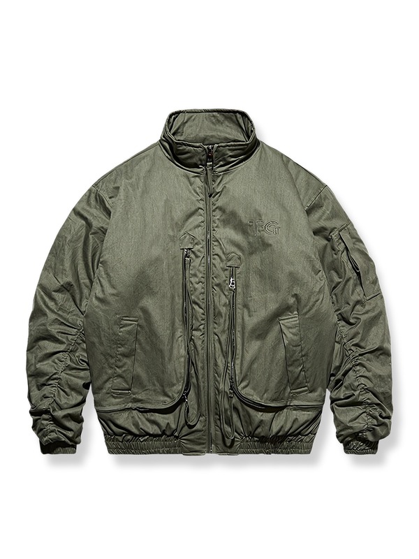 Padded flight jacket with irregular zipper pockets