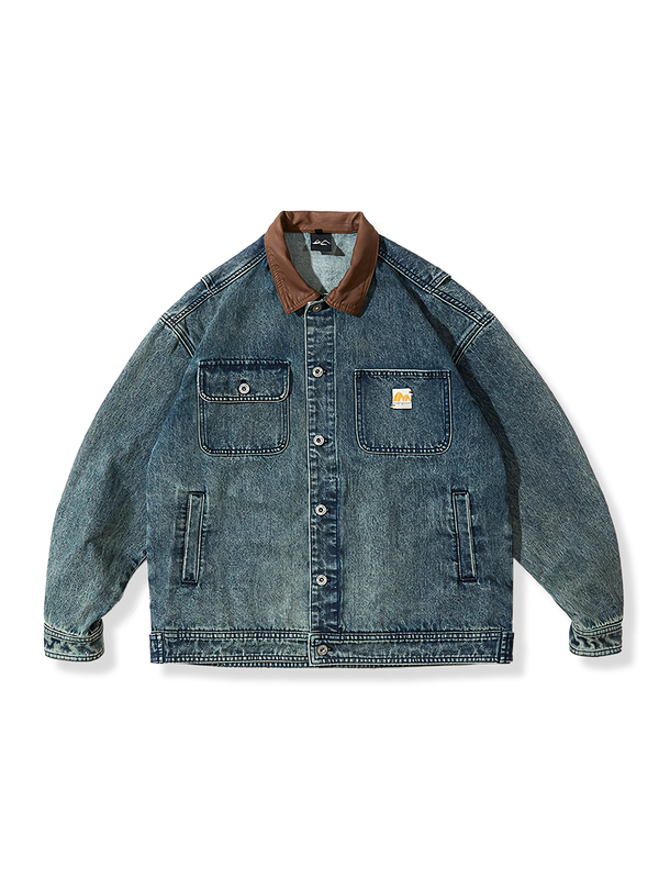 Colorblock denim jacket with leather collar