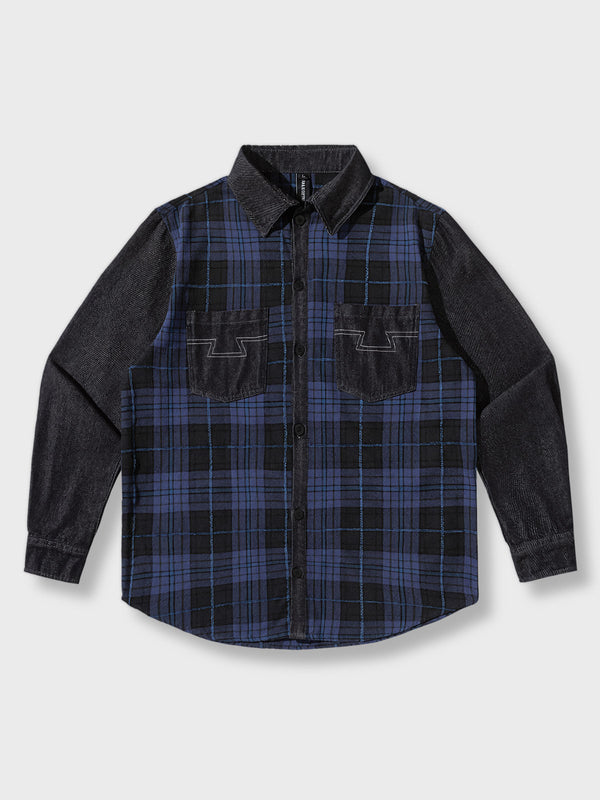 Denim x check pattern contrast long sleeve shirt