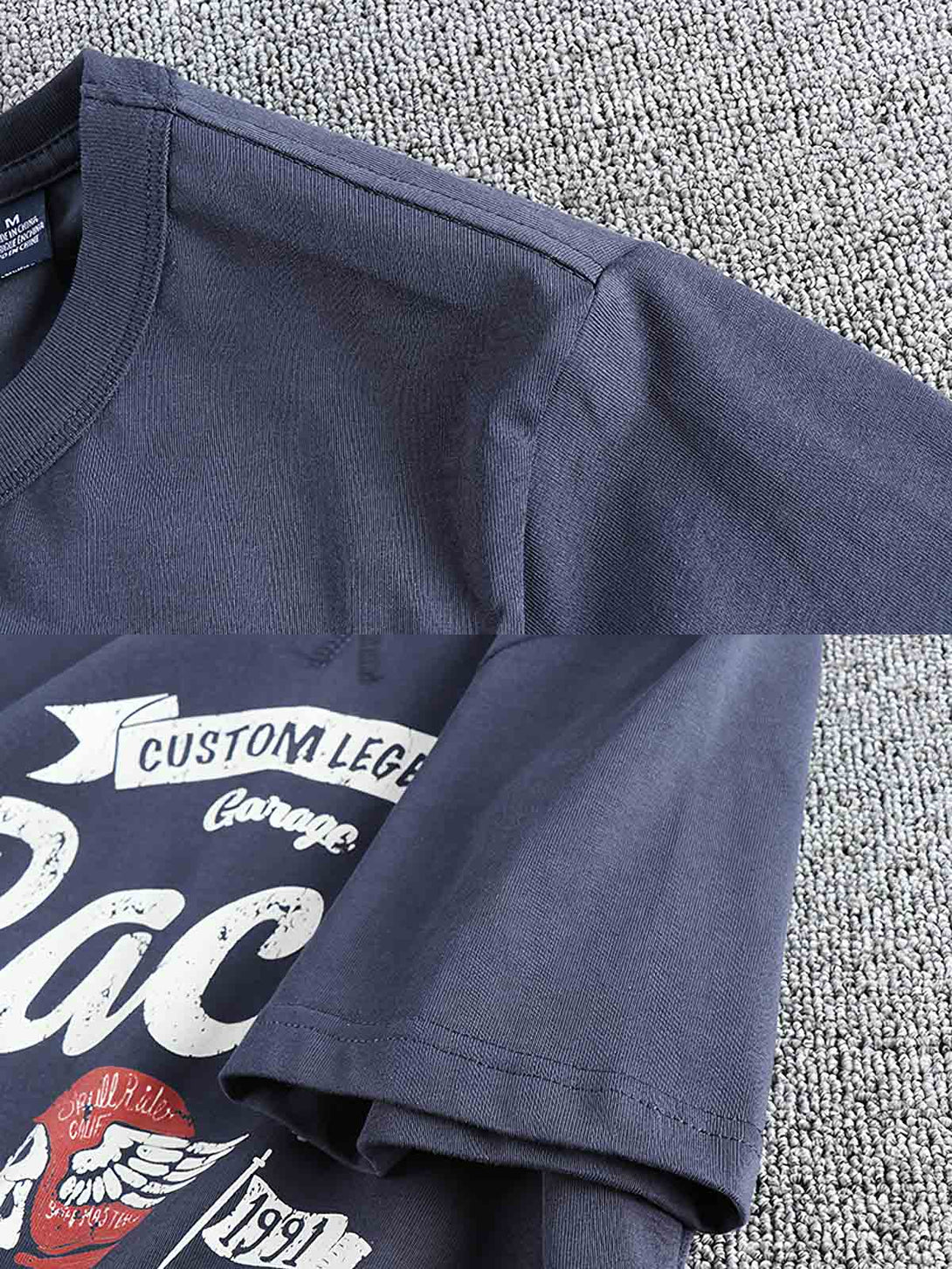 ディテールクローズアップ：レーシングスカル柄Tシャツの精巧なスカルプリント、色鮮やかでヴィンテージ感あふれるデザイン